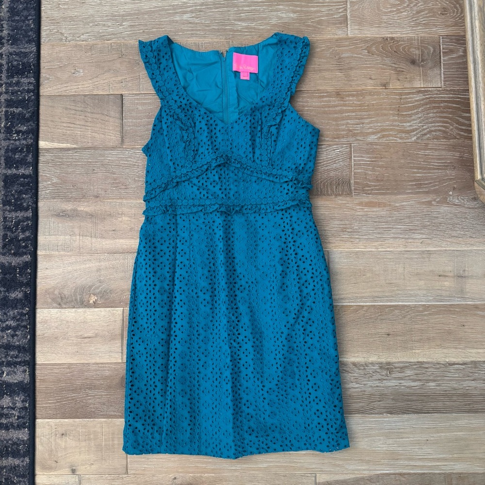 Lilly Pulitzer Teal Eyelet Kaylee Shift Dress Women's Size 4
